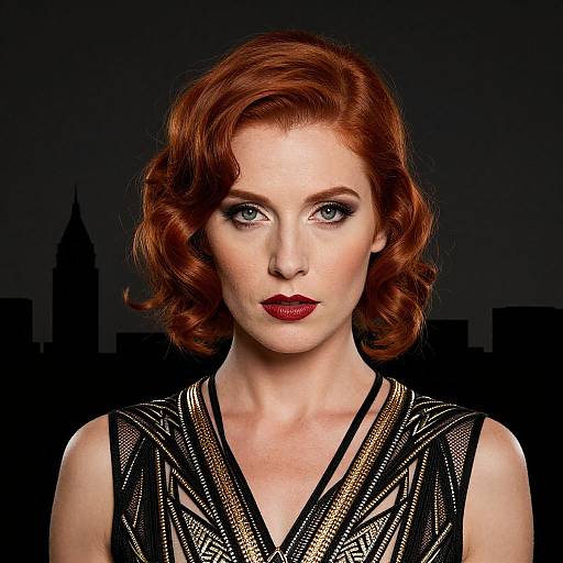 Photograph of a fair-skinned, red-haired woman with curled hair, bold red lipstick, and a black, gold-patterned sleeveless top against