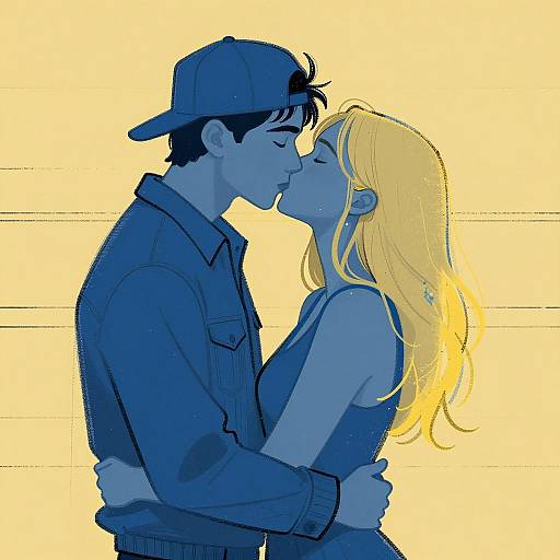 Blue-Toned Couple Kissing Illustration