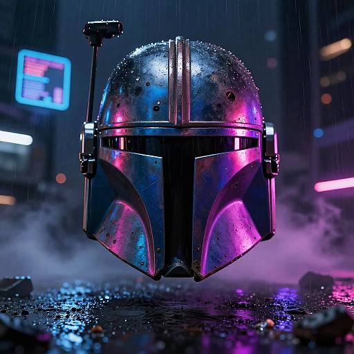 Cyberpunk Mandalorian Helmet at Night