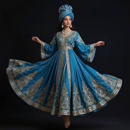 Photograph of a woman in an ornate blue and gold traditional dress with a matching headpiece, standing against a black background, arms outstretched