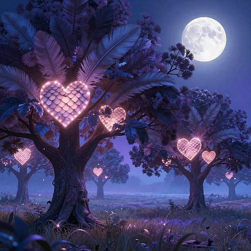 Magical forest at night with glowing heart-shaped lanterns on trees, full moon shining bright, and ethereal blue-purple lighting. Digital art.