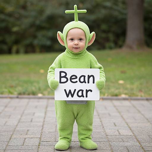 Photograph of a baby in a green elf costume holding a sign reading 