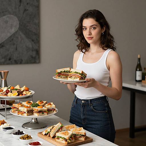 Photograph of a young woman with curly brown hair, wearing a white tank top and dark jeans, holding a sandwich plate in a modern kitchen with tier