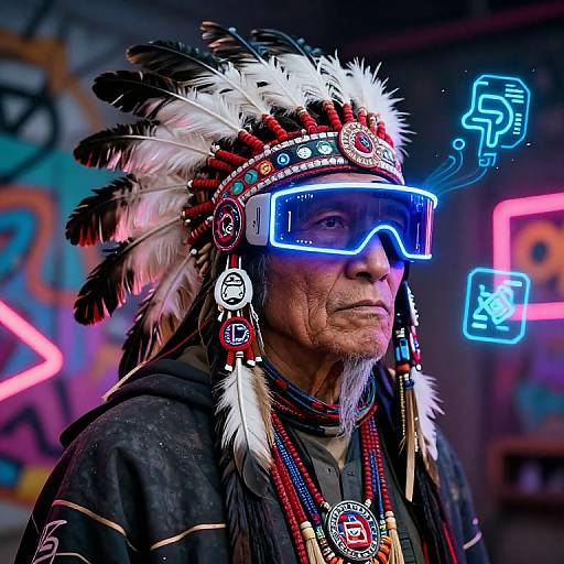 Photograph of an elderly Native American man with a feathered headpiece, neon visor, and colorful beads, set against a vibrant graffiti-laden