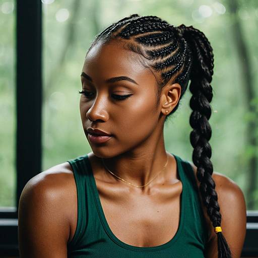 Photograph of a beautiful, dark-skinned woman with braided hair, closed eyes, wearing a green tank top, gold necklace, and earrings,