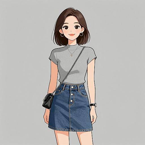 Digital anime-style drawing of a young woman with shoulder-length brown hair, wearing a gray t-shirt, high-waisted blue denim skirt, black cross