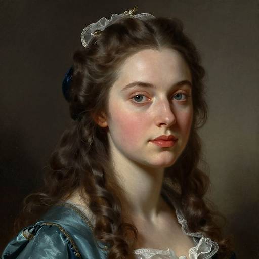 Photorealistic portrait of a fair-skinned young woman with blue eyes, brown wavy hair in braids, wearing a blue dress with lace trim