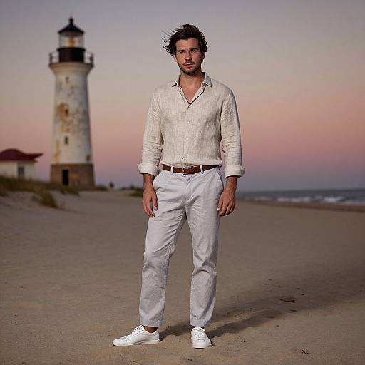 Photograph of a rugged, bearded man in white shirt and pants, standing on a sandy beach at sunset, with a weathered lighthouse in