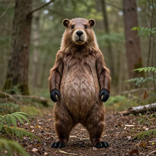 Photograph of a standing brown bear in a dense, green forest with tall trees and ferns on the ground. The bear has a thick, fluffy