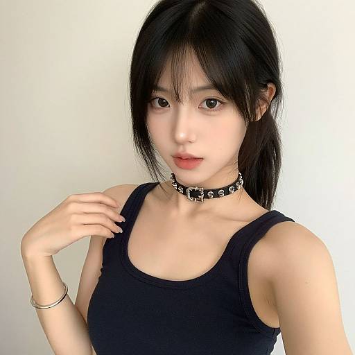Photograph of an Asian woman with black hair, wearing a black tank top and a spiked choker, against a white background.