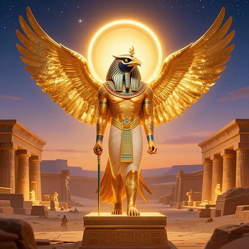 Digital artwork of a golden, winged Egyptian deity with a falcon head, standing on a pedestal in a desert temple at sunset.