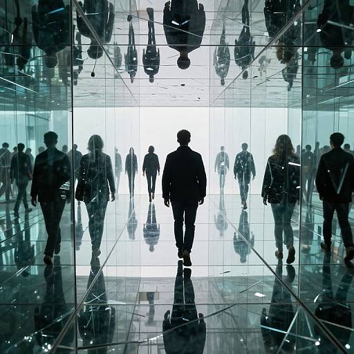 Photograph of a glass-walled hallway with silhouetted people walking toward a bright, white-lit exit, creating a reflective, futuristic urban