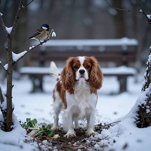 Photograph of a brown and white Spaniel with long ears standing in a snowy park, with a blue and yellow bird perched on a snow-covered