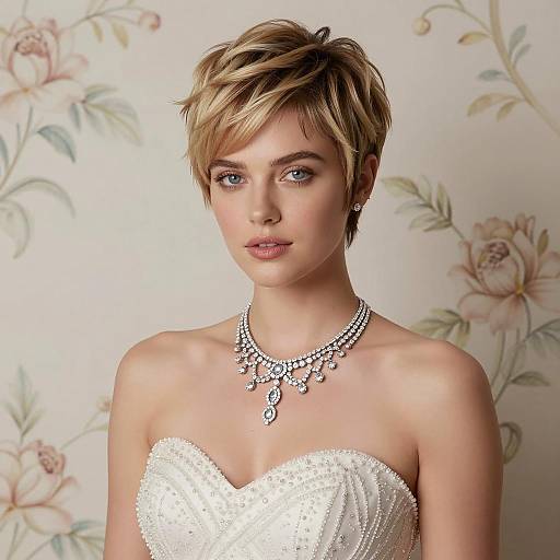Elegant Bride with Pixie Haircut and Diamond Necklace