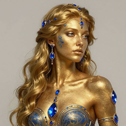 Photorealistic digital art of a golden-skinned, blonde woman with wavy hair, adorned with blue gemstones, wearing a blue gemstone necklace