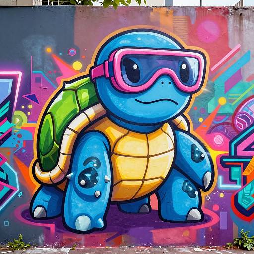 Bright digital illustration of a blue turtle with a yellow shell, pink goggles, and green back, set against vibrant graffiti background.