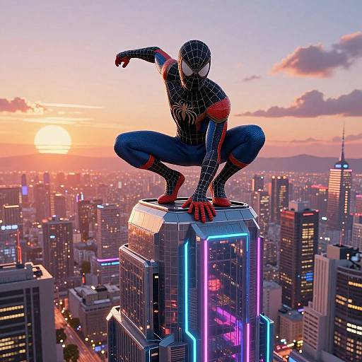 Photorealistic CGI of Spider-Man in black suit with red accents, crouching on skyscraper rooftop, overlooking cityscape at sunset. Neon lights