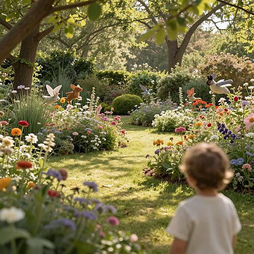 Photograph of a child with curly hair, back to camera, standing in a vibrant, sunlit garden filled with colorful flowers and butterflies.