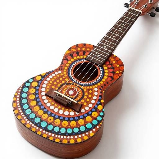 Photograph of a wooden acoustic guitar adorned with vibrant, colorful patterns of orange, blue, white, and yellow circular designs.