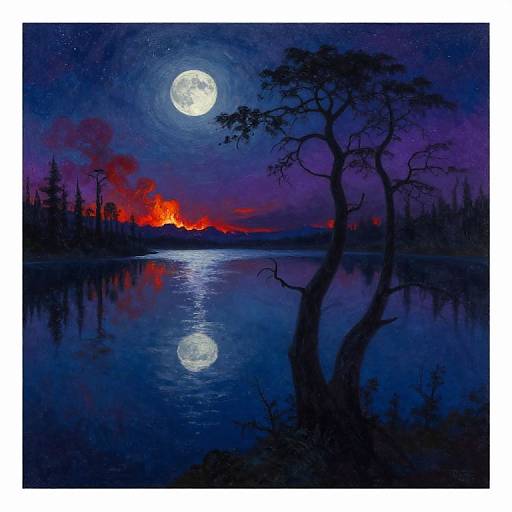 Digital painting of a dark, moonlit lake with a glowing red volcanic eruption in the background, reflecting in the still water. Silhouetted tree
