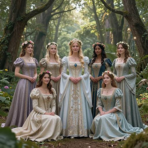 Photograph of six fair-skinned women in elaborate, Renaissance-style dresses with floral crowns, standing and kneeling in a sunlit forest.
