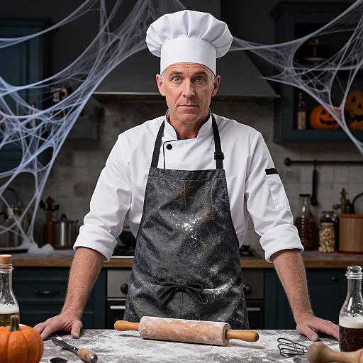 Photograph of a middle-aged male chef in white uniform and black apron, standing in a Halloween-themed kitchen with spider webs.