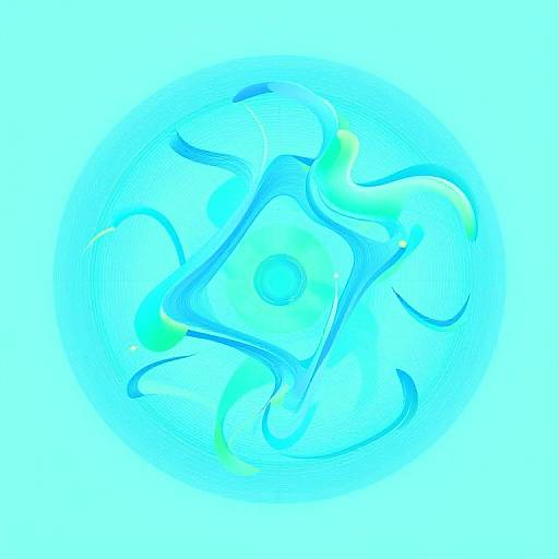 Abstract digital art featuring a glowing blue and green swirling pattern with a central bright light on a white background.