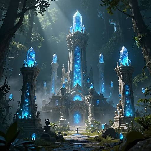 Digital fantasy artwork of a glowing blue crystal-encrusted temple in a dark, misty forest. Towering crystal structures illuminate the path, surrounded