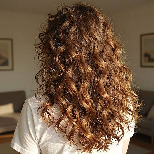 Photograph of a woman with wavy, brown, shoulder-length hair, wearing a white shirt, standing in a sunlit living room.