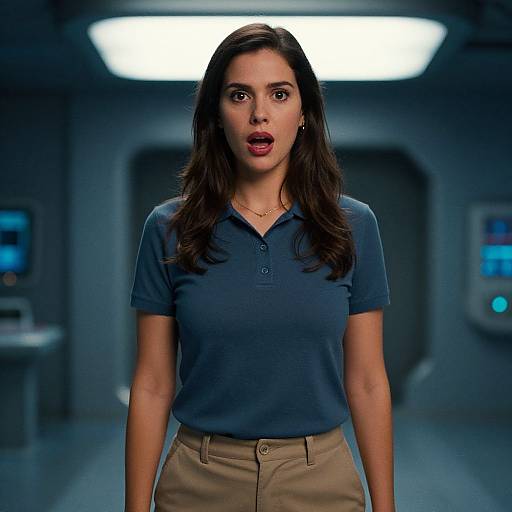 Photograph of a surprised brunette woman with long hair, wearing a navy polo shirt and beige pants, standing in a dimly lit, futuristic room with