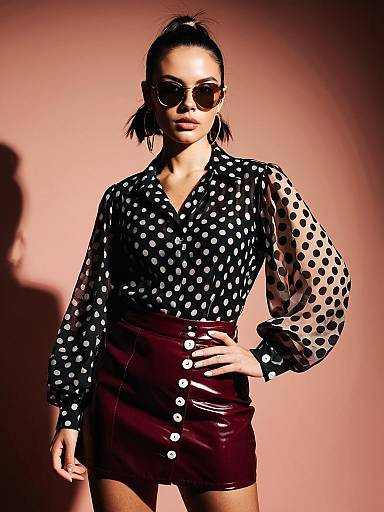 Sheer Polka-Dot Blouse with Oxblood Skirt