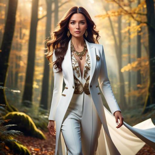 Elegant Woman in White Suit in Autumn Forest
