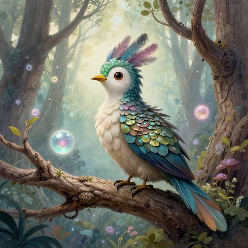Fantastical digital illustration of a colorful, bird-like creature with iridescent feathers, perched on a mossy tree branch in a magical,