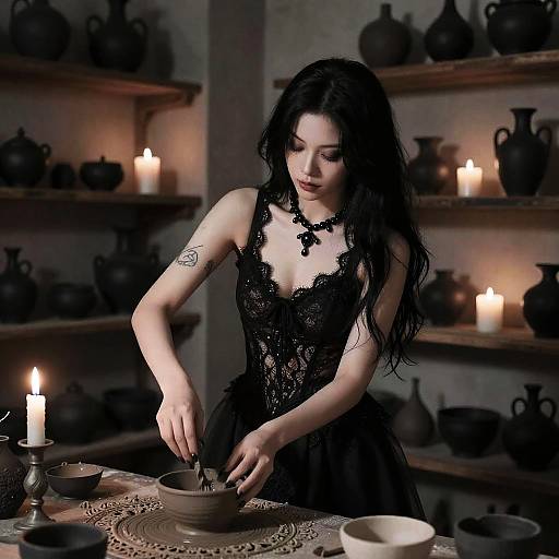 Gothic Woman Crafting with Clay