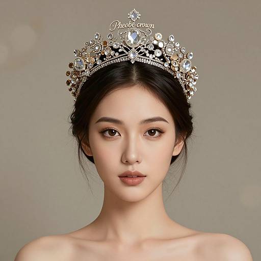 Photograph of an Asian woman with fair skin, black hair in a bun, wearing an ornate silver tiara with blue gems, and a bare