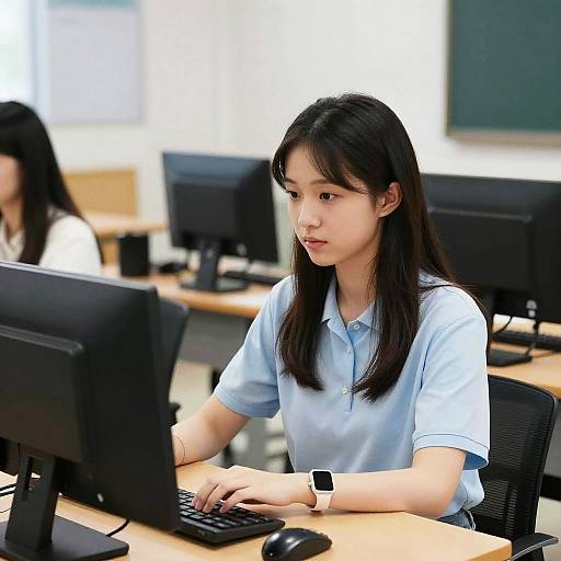 Photograph of an Asian woman with long black hair, wearing a light blue polo shirt, focused on a computer in a classroom. Background shows blurred students