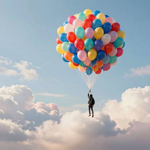 Solitary Figure Soaring with Balloons