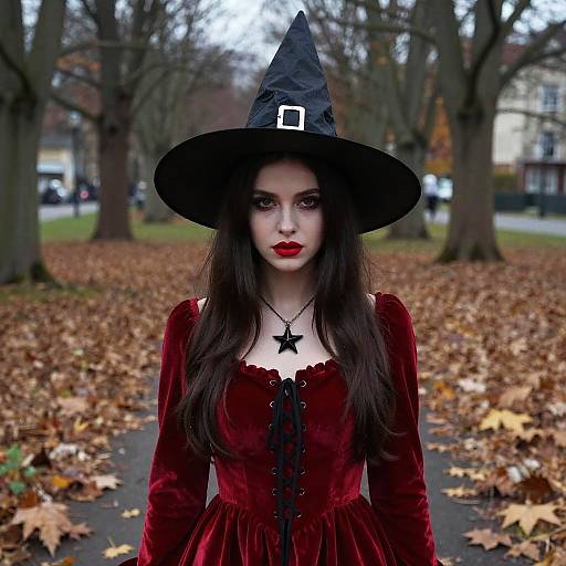 Photograph of a pale-skinned woman with long dark hair, red lipstick, wearing a black witch hat and red velvet dress, standing in a leaf