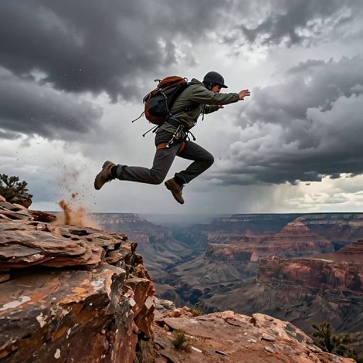 Photograph of a male hiker mid-jump from a rocky cliff, wearing a black cap, jacket, and backpack, with a dramatic cloudy sky