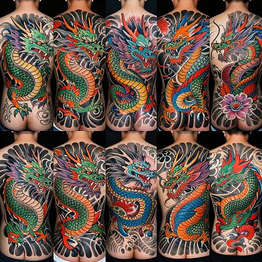 Photograph of six tattooed male backs featuring vibrant, colorful, intricate dragon tattoos with floral accents, displayed in a grid pattern.