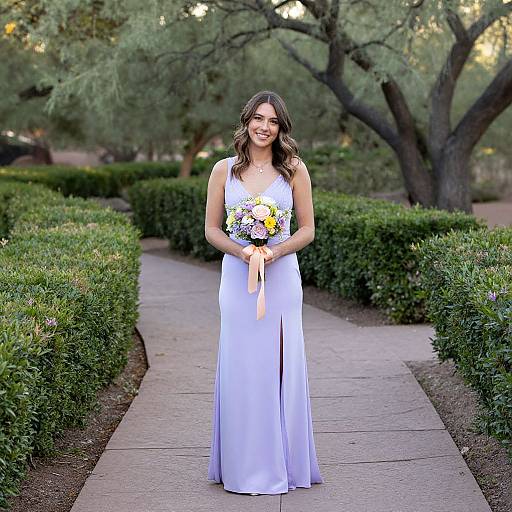 Photograph of a smiling woman with long brown hair, wearing a sleeveless white wedding dress, holding a yellow and white bouquet, standing on a garden