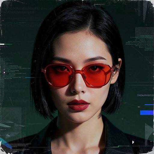 Digital portrait of an Asian woman with short black hair, wearing vivid red sunglasses and matching red lipstick, against a dark, glitchy background.