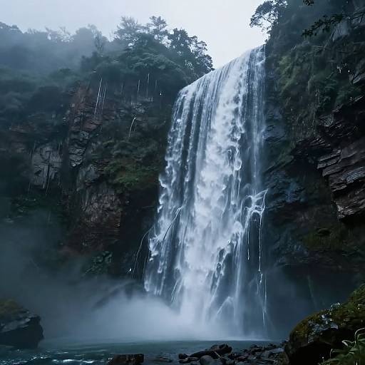 Photograph of a powerful waterfall cascading down a rocky, forested cliff into a misty pool below, surrounded by lush greenery.