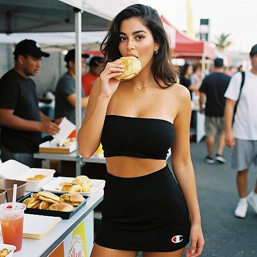 Photograph of a young woman with long dark hair, wearing a black strapless top and high-waisted shorts, eating a burger at an outdoor