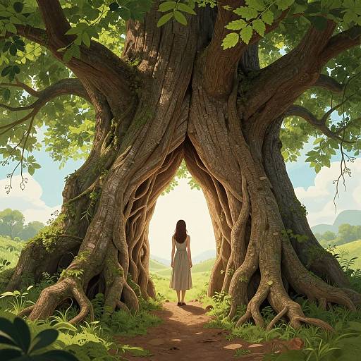 Digital artwork of a young woman in a white dress standing before a giant, twisted tree with intertwined roots, sunlight shining through.