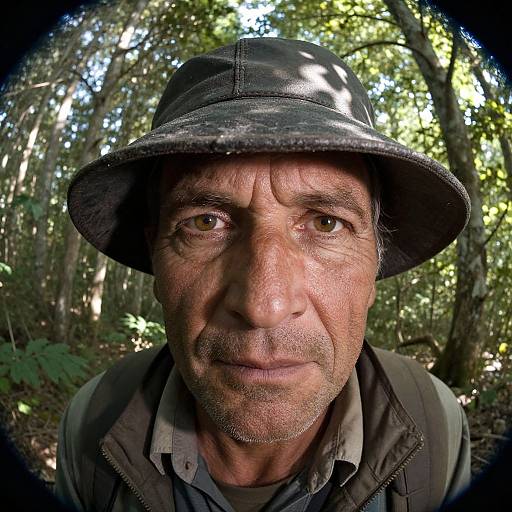Close-up photograph of a middle-aged man with weathered face, brown eyes, and gray stubble, wearing a black leather bucket hat, green jacket