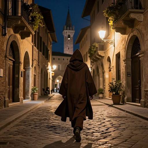 Photograph of a lone, hooded figure in a long, dark brown coat walking down a cobblestone street at night, illuminated by warm street