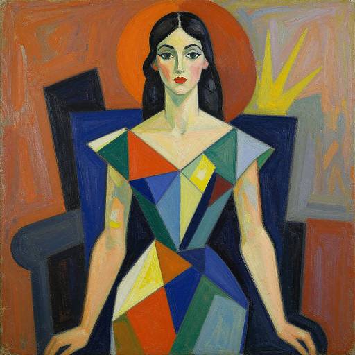 Surrealist painting of a pale-skinned woman with black hair, red halo, and geometric, colorful dress, seated against a red and blue background