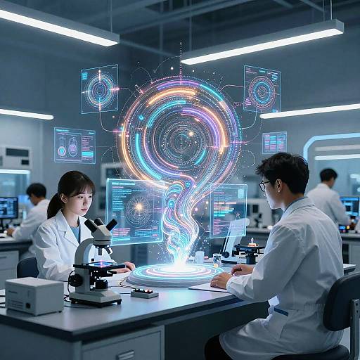 Photograph of a modern lab with two scientists in white coats, using microscopes, surrounded by glowing, colorful, abstract digital holograms.