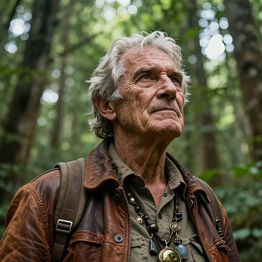 Photograph of an elderly man with white hair, rugged face, wearing a brown leather jacket, green shirt, and backpack, looking upwards in a lush